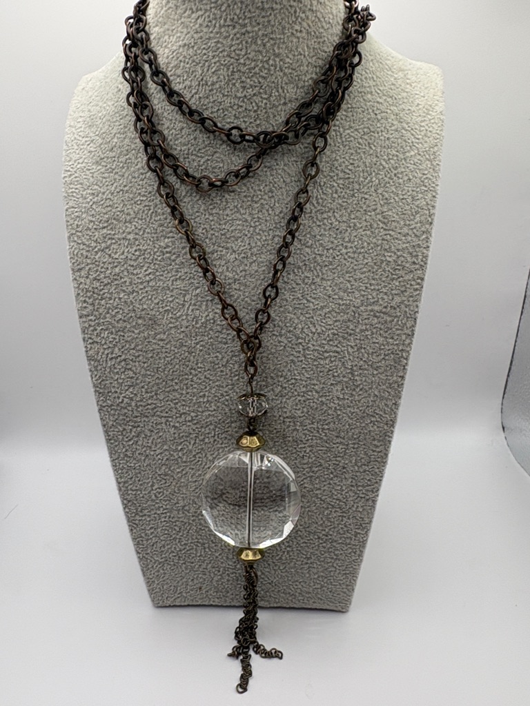 Premier Designs Clear Crystal Pendant Long Necklace Antique Bronze Chain